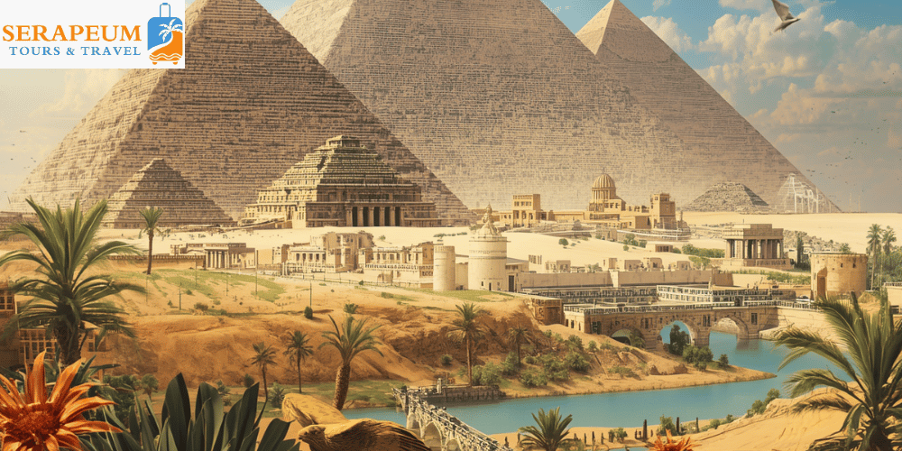 Panoramic travel view representing Egypt with history culture and landscapes