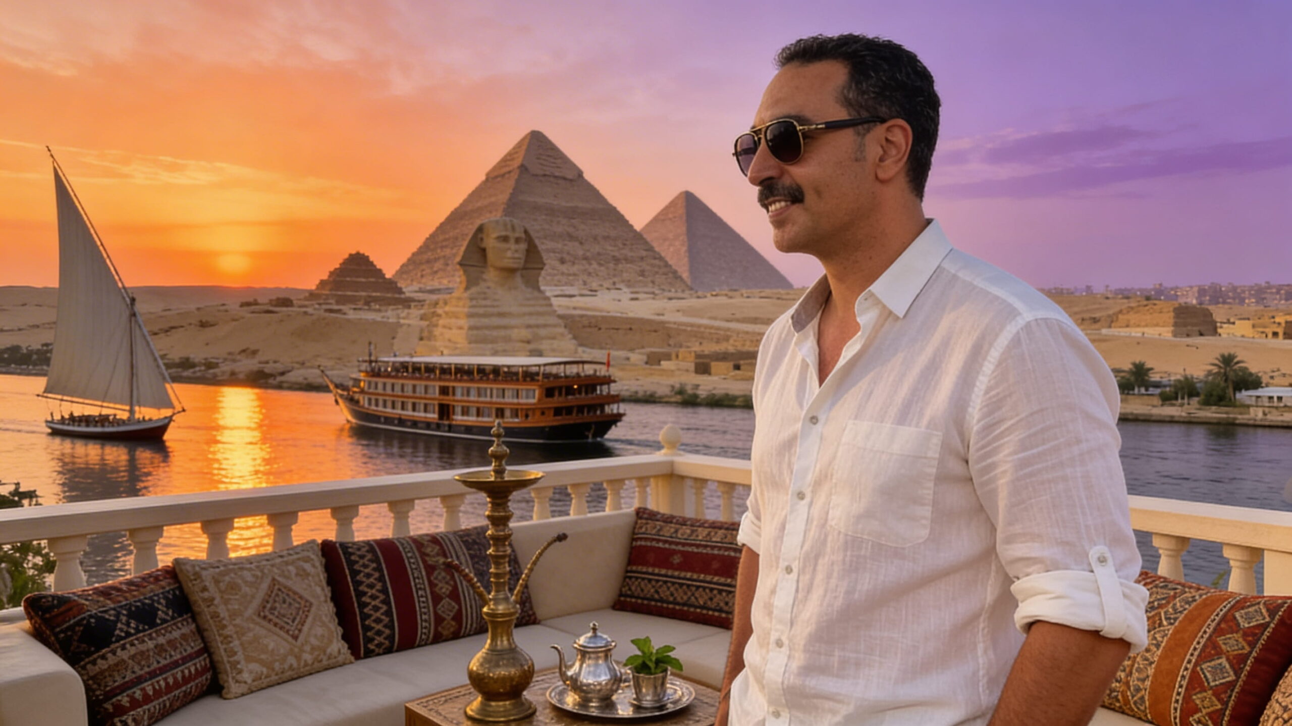 خبير سياحة محلي أمام أهرامات الجيزة - دليل السفر إلى مصر من سرابيوم للسياحة