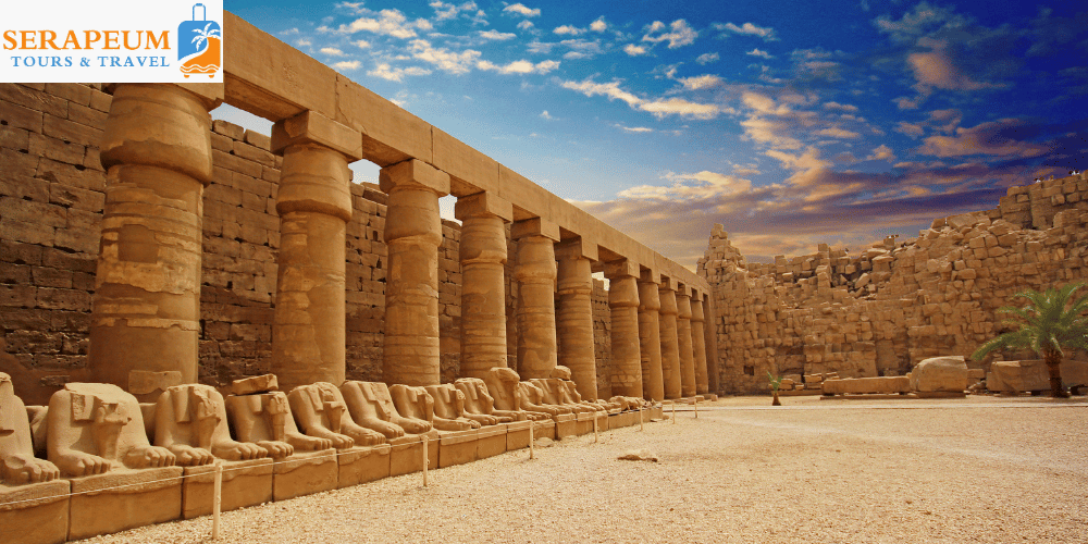 Massive stone columns inside Karnak Temple in Luxor Egypt