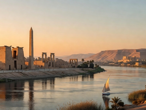 Luxor travel guide panoramic view showing Nile River temples and desert landscape Egypt