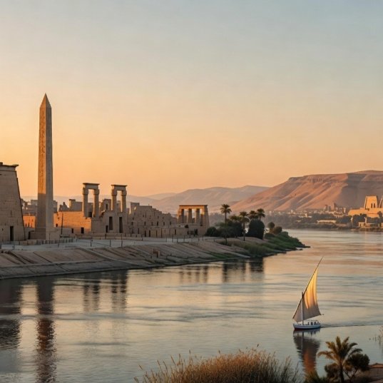 Luxor travel guide panoramic view showing Nile River temples and desert landscape Egypt