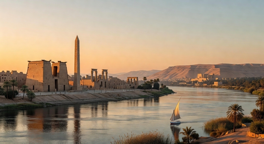 Luxor travel guide panoramic view showing Nile River temples and desert landscape Egypt