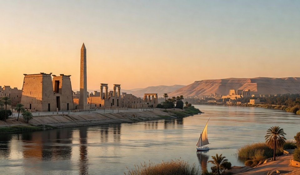 Luxor travel guide panoramic view showing Nile River temples and desert landscape Egypt