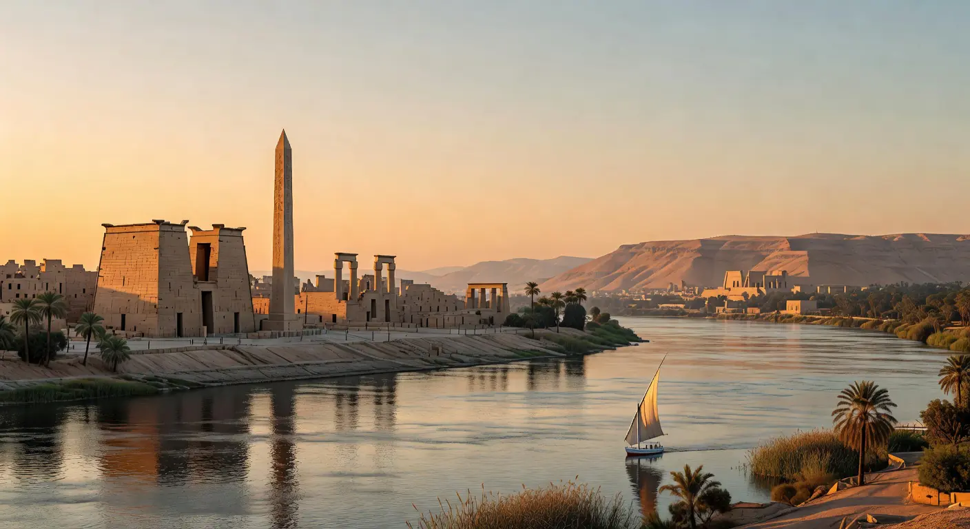 Luxor travel guide panoramic view showing Nile River temples and desert landscape Egypt