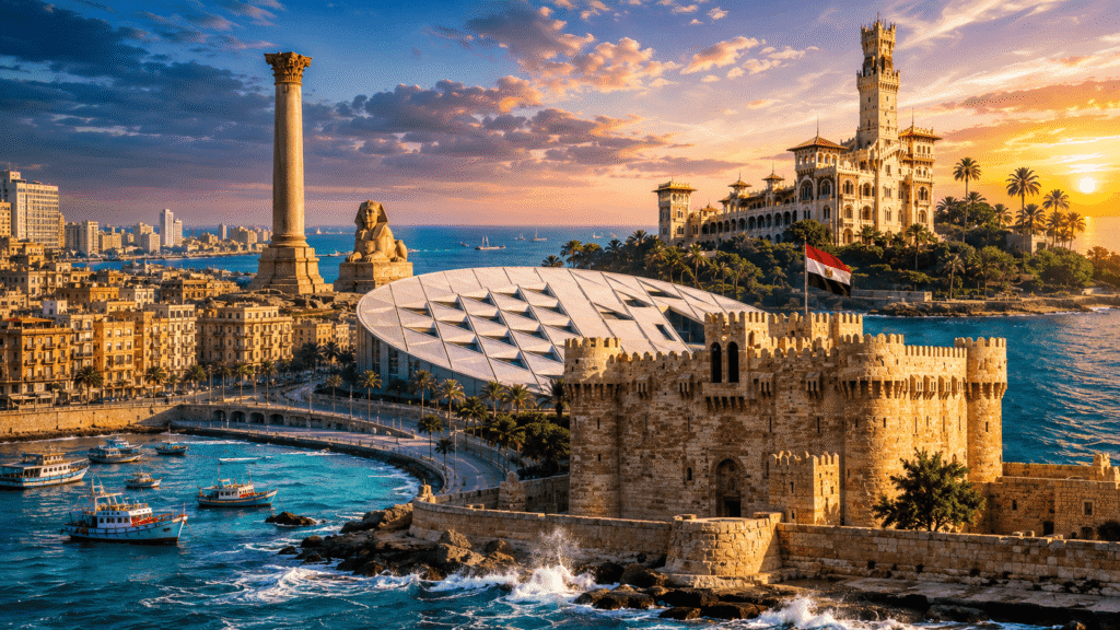 Home Alexandria Egypt with Qaitbay Citadel and Mediterranean Sea