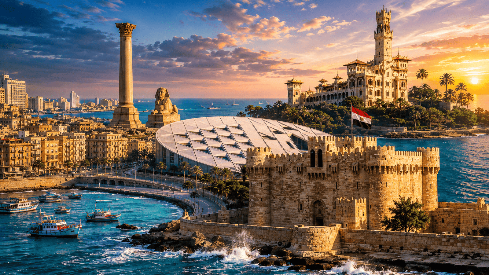 Alexandria Egypt with Qaitbay Citadel and Mediterranean Sea