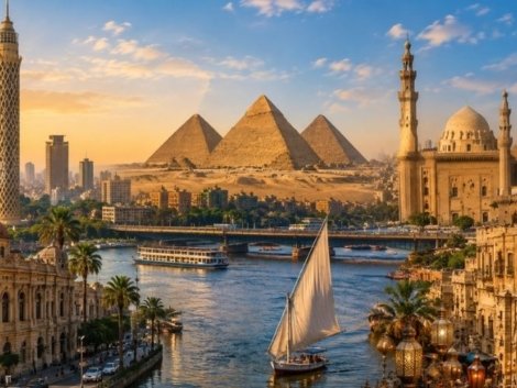 Travel Blog Cairo skyline with the Pyramids of Giza.