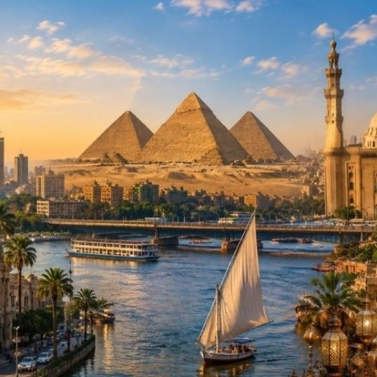 Cairo skyline with the Pyramids of Giza.