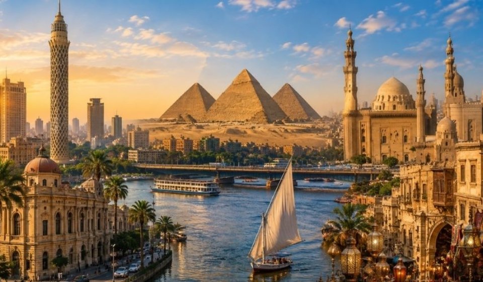 Cairo skyline with the Pyramids of Giza.