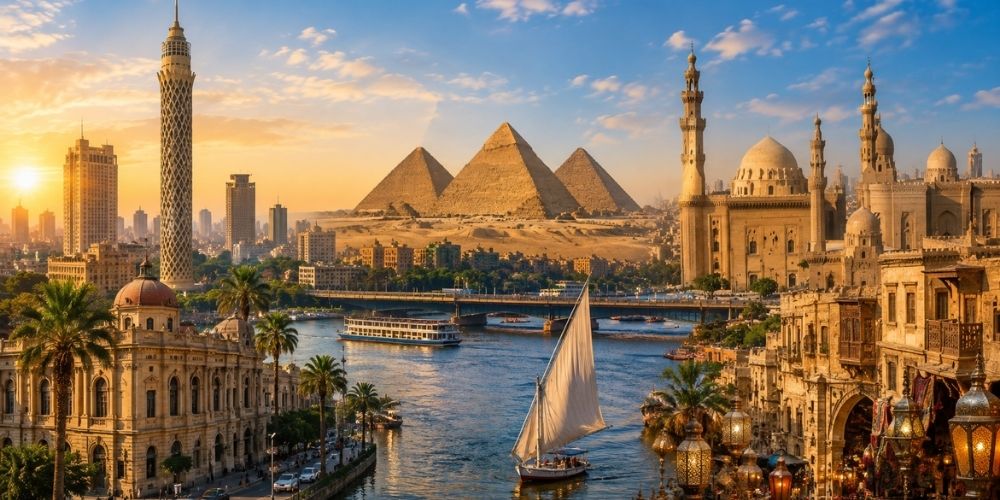 Home Cairo skyline with the Pyramids of Giza.
