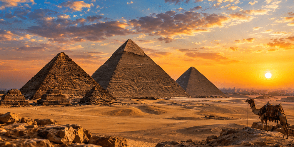 Panoramic view of the three Giza Pyramids in Egypt