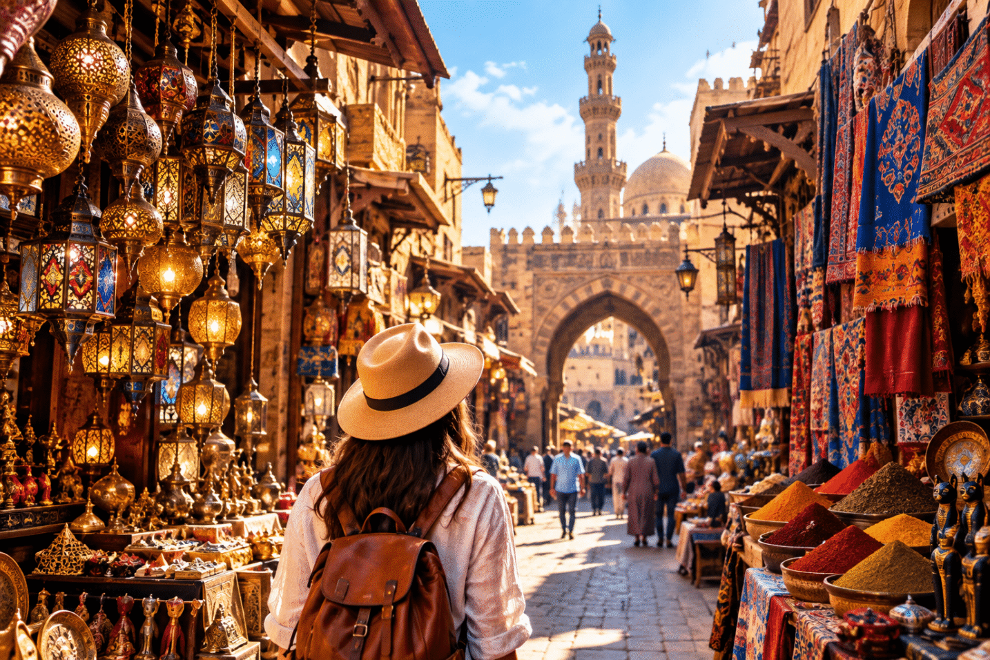 Khan El Khalili Bazaar in Cairo with traditional shops and lanterns