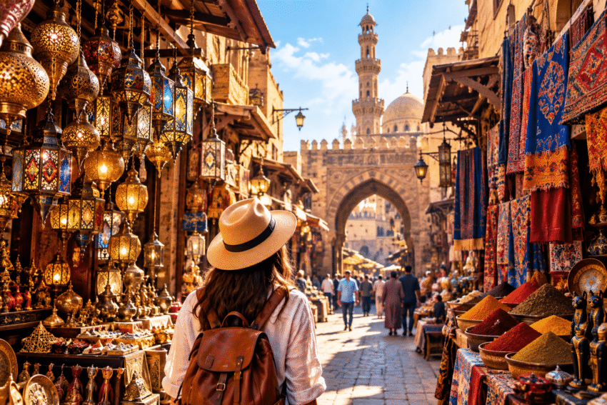 Khan El Khalili Bazaar in Cairo with traditional shops and lanterns